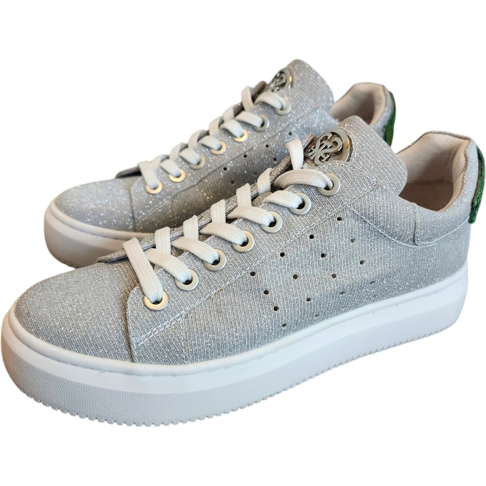 Staccato Sparkly Silver Sneakers with FUNKY‎ Green Mouth Design Women’s Sneakers - Picture 7 of 12